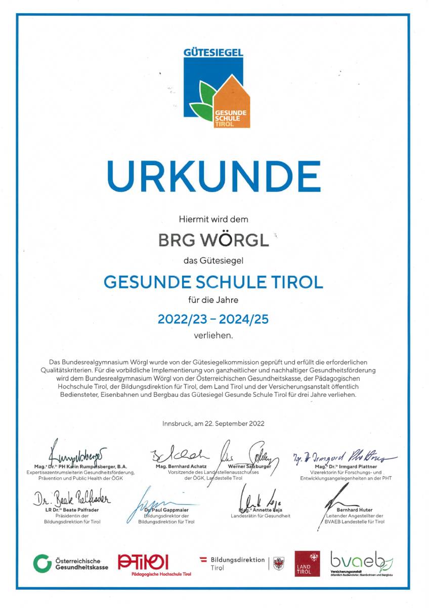 Gütesiegel Gesunde Schule | BRG Wörgl